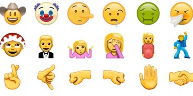 The new emojis include a face-palm face, fingers crossed, and a clown.