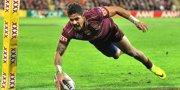 Queensland's Dane Gagai scoring one of his three tries in Origin II. Photo / Getty Images