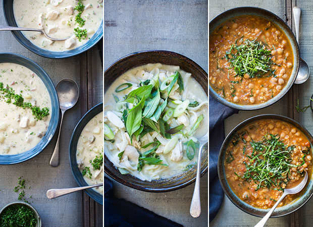 From left: A clam, kumara and chorizo chowder; chicken, noodle and green curry; and yellow lentil, chickpea and vegetable broth. Photos / Bite Magazine