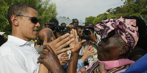 Barack Obama welcomed by his paternal 82-year-old grandmother Sarah Obama at their rural home in Siaya, Kisumu. Photo / Getty Images