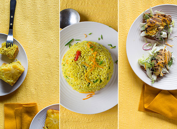 From left: coconut, turmeric and grapefruit upside down cake; turmeric coconut rice and winter chicken sandwich. Photos / Bite Magazine