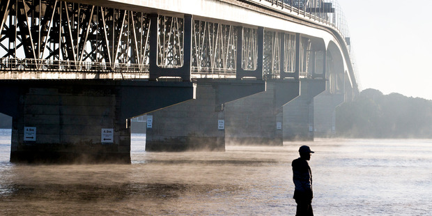 An early morning walker strolls past a misty Auckland Harbour Bridge on a cold winters morning as seen from Westhaven Marina. Photo / Jason Oxenham