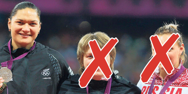 Valerie Adams on the London Olympic podium next to Nadzeya Ostapchuk (centre), exposed as a drug cheat soon after, and Evgeniia Kolodko, who has failed a retrospective test.