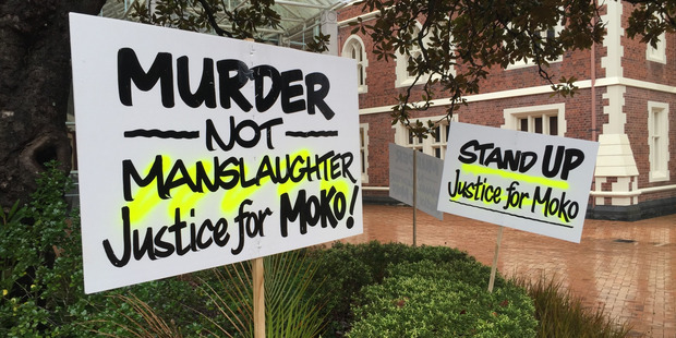Justice for Moko protest signs at Auckland High Court. Photo / Nick Reed