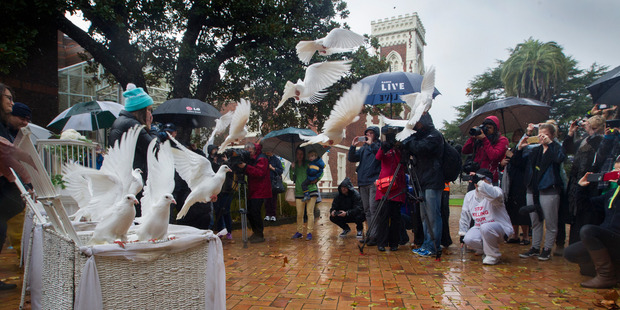 Doves are released outside Auckland High Court to mark the victims of child abuse. Photo / Nick Reed