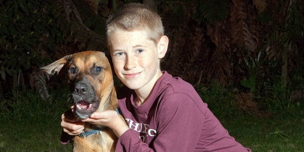 Logan Lester, 10, with River in his backyard. Photo / Andrew Warner