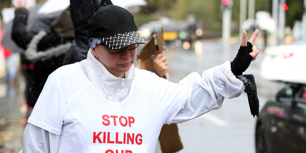 People protest outside Auckland High Court. Photo / Getty Images