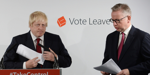 Johnson and his Vote Leave co-leader Michael Gove after Britain voted for Brexit. Photo / AP
