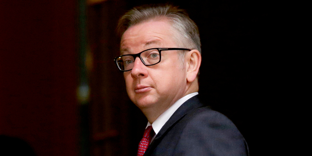 The man May is going up against, Michael Gove, who eneded the leadership ambitions of former favourite Boris Johnson. Photo / AP