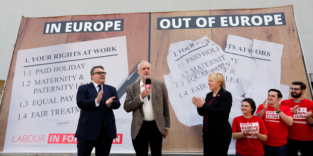 Jeremy Corbyn, leader of the Labour Party, centre, Tom Watson, his deputy and Angela Eagle, the shadow Business Secretary, during the referendum campaign. Photo / AP