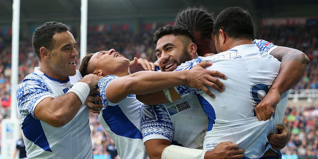 Ma'atulimanu Leiataua of Samoa celebrates with his team mates after scoring during the 2015 Rugby World Cup. Photo / Getty