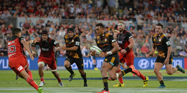 Seta Tamanivalu of the Chiefs runs through to score a try during the round one Super Rugby match between the Crusaders and the Chiefs at AMI Stadium. Photo / Gettyimages