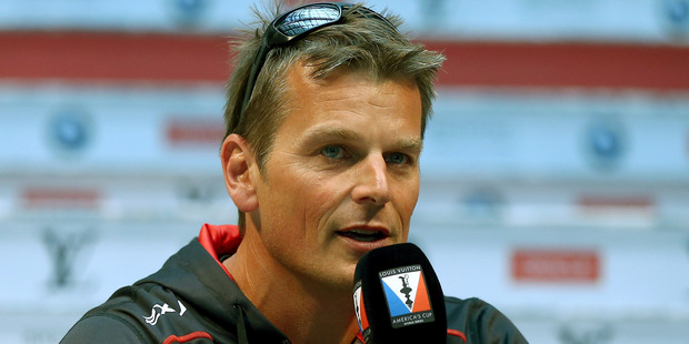 Softbank Team Japan skipper Dean Barker answers questions at a media conference. Photo / Getty Images