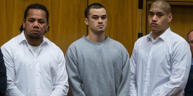 Facing a murder charge are, from left, Steven Betham, Levi Hohepa Reuben and Akuhatua Tihi, in the Christchurch High Court today. Photo / Fairfax Pool