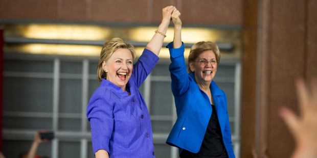 Democratic presidential candidate Hillary Clinton and Senator Elizabeth Warren at the Cincinnati Museum Centre today. Photo / AP