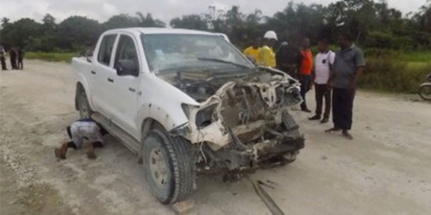 A truck ambushed by kidnappers in Calabar, Nigeria, in which a New Zealander and other mine workers were taken. Photo / Flux Connect