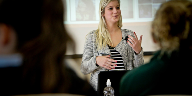 MOTIVATES: Fleur Verhoeven, of the Bachelor New Zealand, spoke to primary school students about bullying and self-esteem at Waipukurau Primary School yesterday.