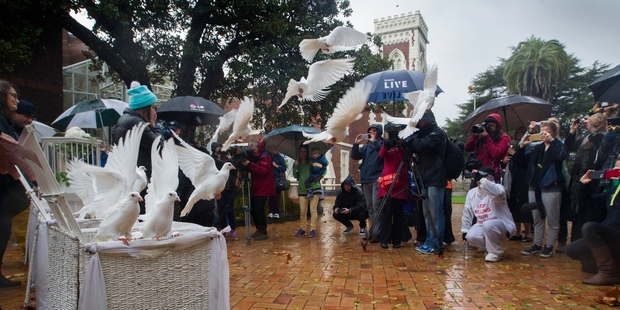 Doves were released at the High Court in Auckland to mark the lives of children, like Moko, that have been lost to forms of child abuse. Photo / Nick Reed