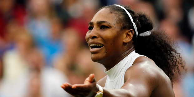 Serena Williams of the U.S reacts as she misses a shot against Christina McHale of the US during their women's single match on day five of the Wimbledon. Photo / AP.
