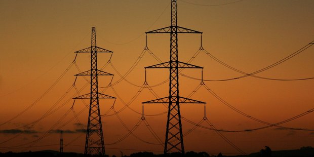 Power pylons near Huntly. Photo / Amos Chapple