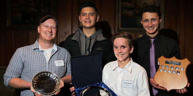 INSPIRED: The Project K graduation in Havelock North on Friday night, with from left mentor Chris Willis, Peter Barry Award winner Michael Heperi, inaugural Samuel Gibson Attitude Award winner Lochlan Wakely, and Excellence Award winner Teina Pearcey, who were also among 10 St John's College graduates. PHOTO/DUNCAN BROWN.