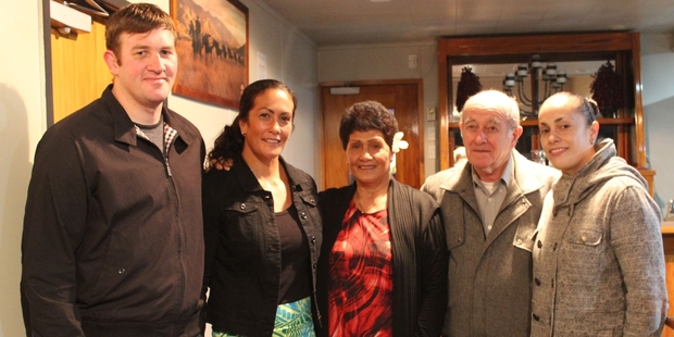 Nigel Walshe (left), his partner Anne Cairns - a member of the Samoan Olympic team, her mother Koko, father Lawrie and Anne's sister Bridget at a farewell and sponsors event in Dannevirke on Friday night. Photo / Christine McKay