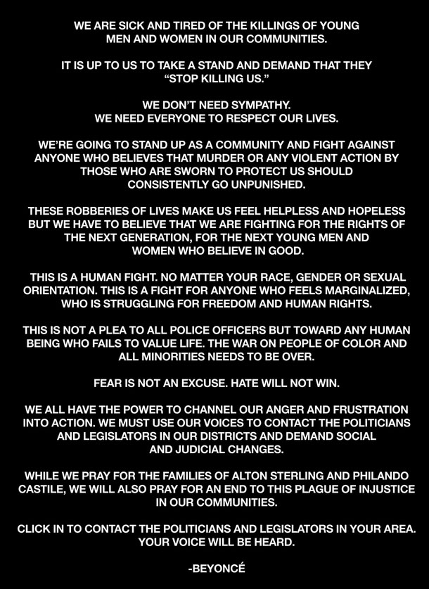 Beyoncé posted this message to her website about recent police shootings.