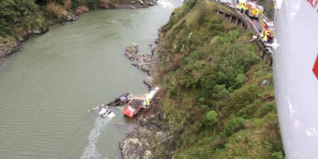 CRASH: The Manawatu George was closed late Friday morning after a serious truck crash. PHOTO/Palmerston North Rescue Helicopter