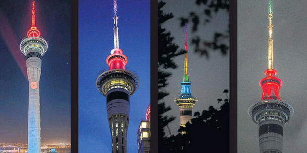 The Sky Tower lit up with a giant poppy, the Tri-Colour after terror in Paris, rainbow colours after the Orlando shooting and the Belgian flag colours after Brussels terror attacks.