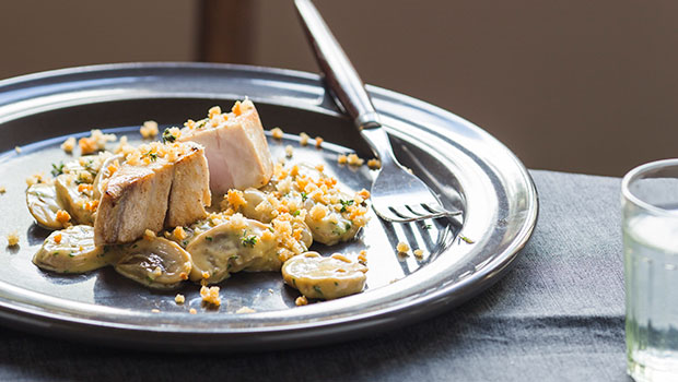 Crunchy pangrattato and creamy mushrooms. Photo / Bite magazine