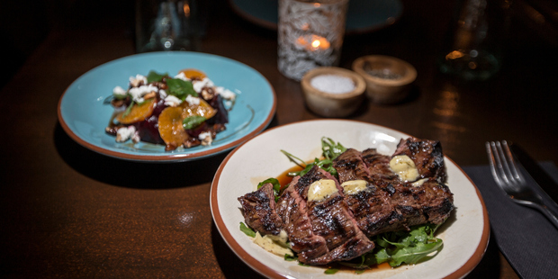 The grilled beef and a beetroot side-salad. Photo / Michael Craig