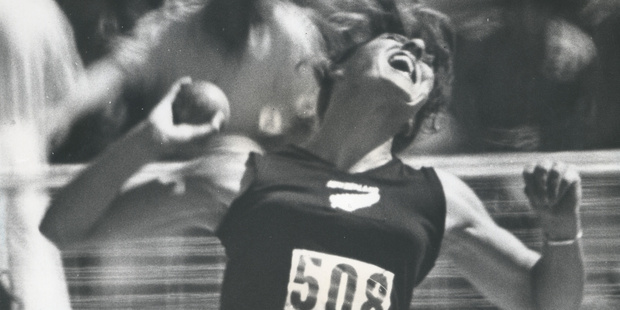 New Zealand shot put athlete Val Young competing in the 1974 Commonwealth Games in 1974. New Zealand Herald Archive.