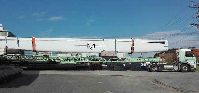 The M5's 28m boom being delivered to Hall Spars & Rigging NZ.