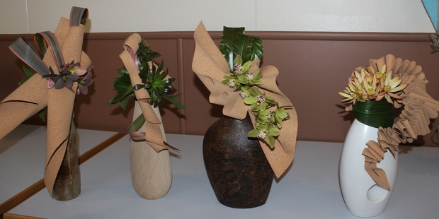 Innovative designs by members of the Dannevirke Floral Art group, using cork.