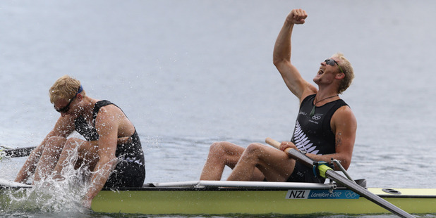 Hamish Bond and Eric Murray celebrate gold at the London Olympics. Photo / Brett Phibbs