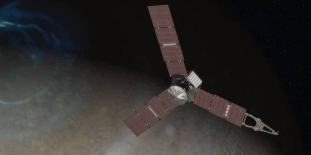 An artist's rendering shows Juno above the north pole of Jupiter. Image / Nasa