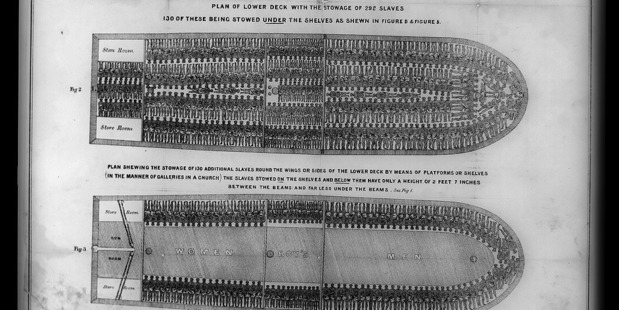 A document shows a plan for stowing hundreds of slaves in extremely tight conditions aboard the British slave ship Brookes under the regulated slave trade act of 1788. Photo / Library of Congress