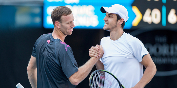 New Zealand's Michael Venus celebrates with Croatia's Mate Pavic. Photo / photosport.nz