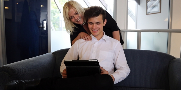 Former Wanganui High School student Kyle de Koning and mother Ananda were all smiles after NCEA results were released to students yesterday morning. Photo / Stuart Munro