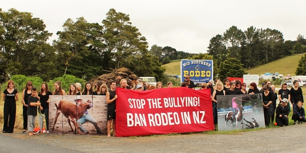 About 40 people protested outside the Mid Northern Rodeo at Maungatapere.