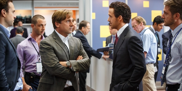 Steve Carell plays Mark Baum and Ryan Gosling plays Jared Vennett in The Big Short. Photo / Paramount Pictures