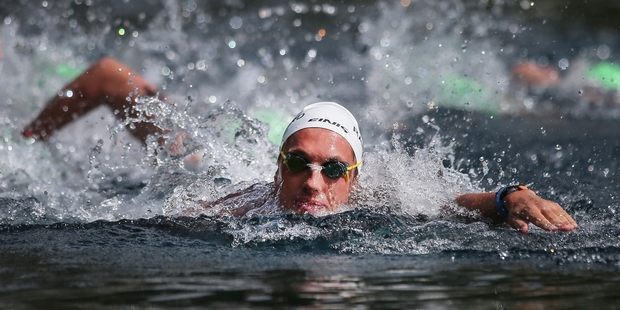 Kane Radford on his way to winning the 5km open water title. Photo / Simon Watts