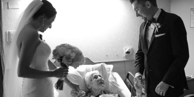 Newlyweds Brian and Lauren Kurtulik pay a special visit to Brian's grandmother. Photo / Rachel Nolan