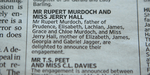 Murdoch broke the news of his engagement with a classified ad in The Times. Photo / Getty Images