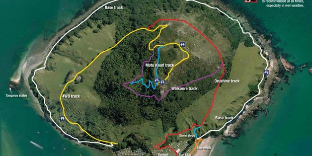 Mauao is still closed to public and the Waikorire track (purple line) is likely to remain closed until next week. Photo/Tauranga City Council