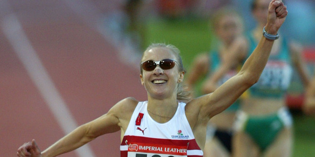 Paula Radcliffe after she won the gold medal in the women's 800m final at the 2002 Commonwealth Games. Photo / Brett Phibbs