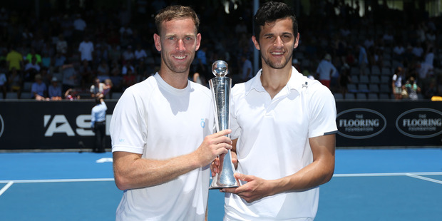 Michael Venus and Mate Pavic celebrate their success in the ASB Classic doubles final. Photo / Doug Sherring