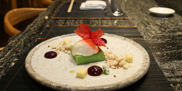 Green tea mousse, white chocolate ice-cream, namachoco, cherry glass dessert at Masu restaurant. Photo / Getty Images