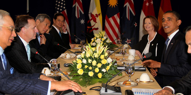 New Zealand Prime Minister John Key pictured with other leaders at a Trans Pacific Partnership leaders meeting. Photo / Alan Gibson