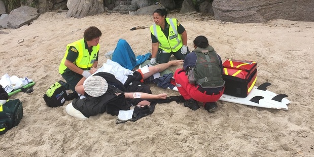 The man sustained a large cut to his leg. Photo / Auckland Rescue Helicopter Trust